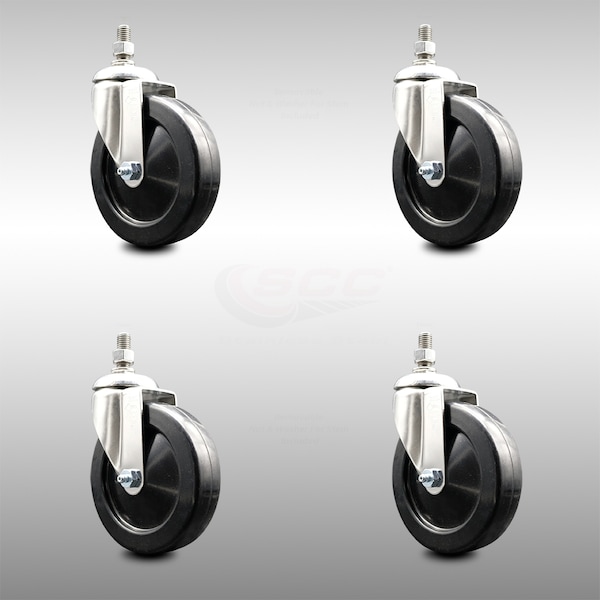 5 Inch 316SS Soft Rubber Wheel Swivel 12mm Threaded Stem Caster Set SCC